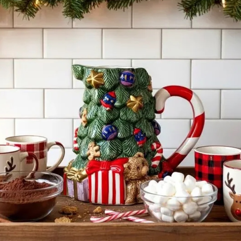 Fitz and Floyd Holiday Tree Pitcher with Red and Green Accents